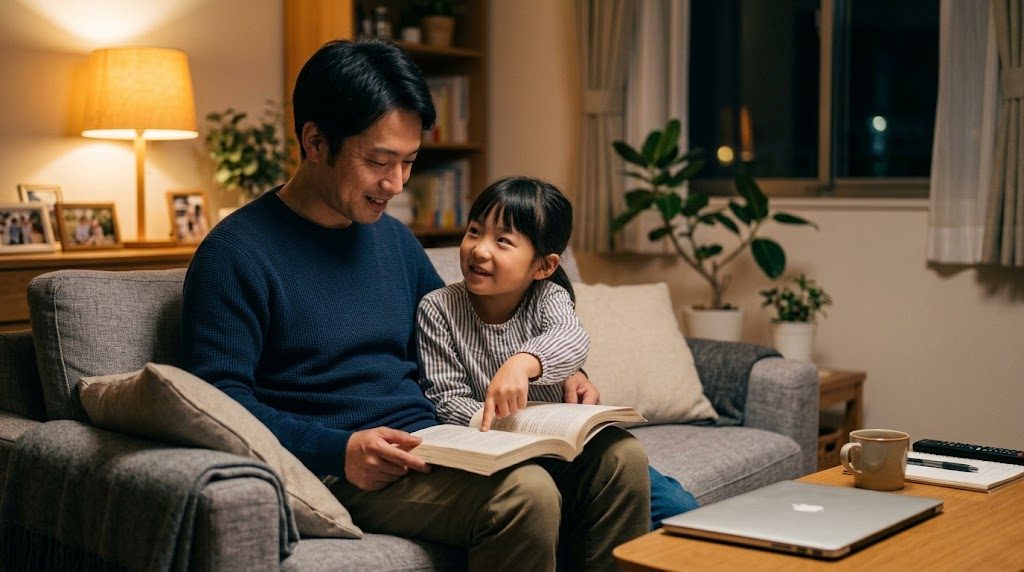 夕方のリビングで英語の本を挟んで話す親と帰国後の子どもの様子
