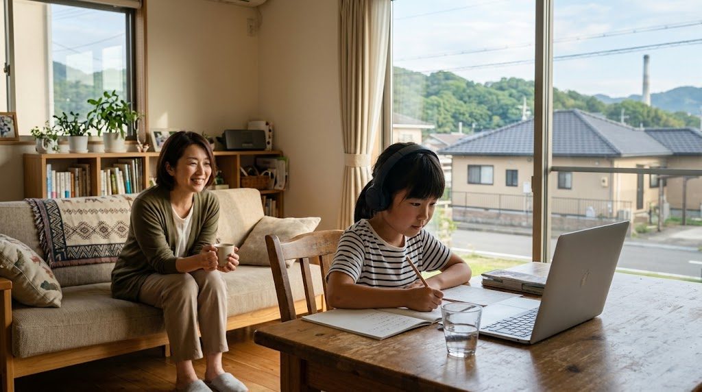 北九州の自宅リビングで、子どもがノートパソコンでオンライン授業を受け、そばで母親が穏やかに見守る様子