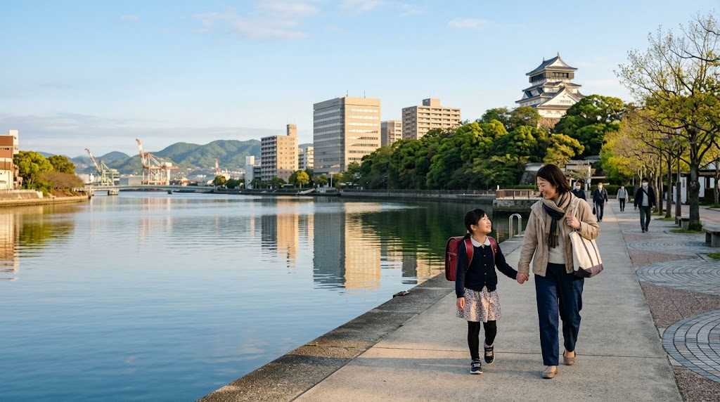 北九州市の小倉の街並みを背景に、通学かばんを背負った子どもと母親が朝の川沿いの道を歩く様子
