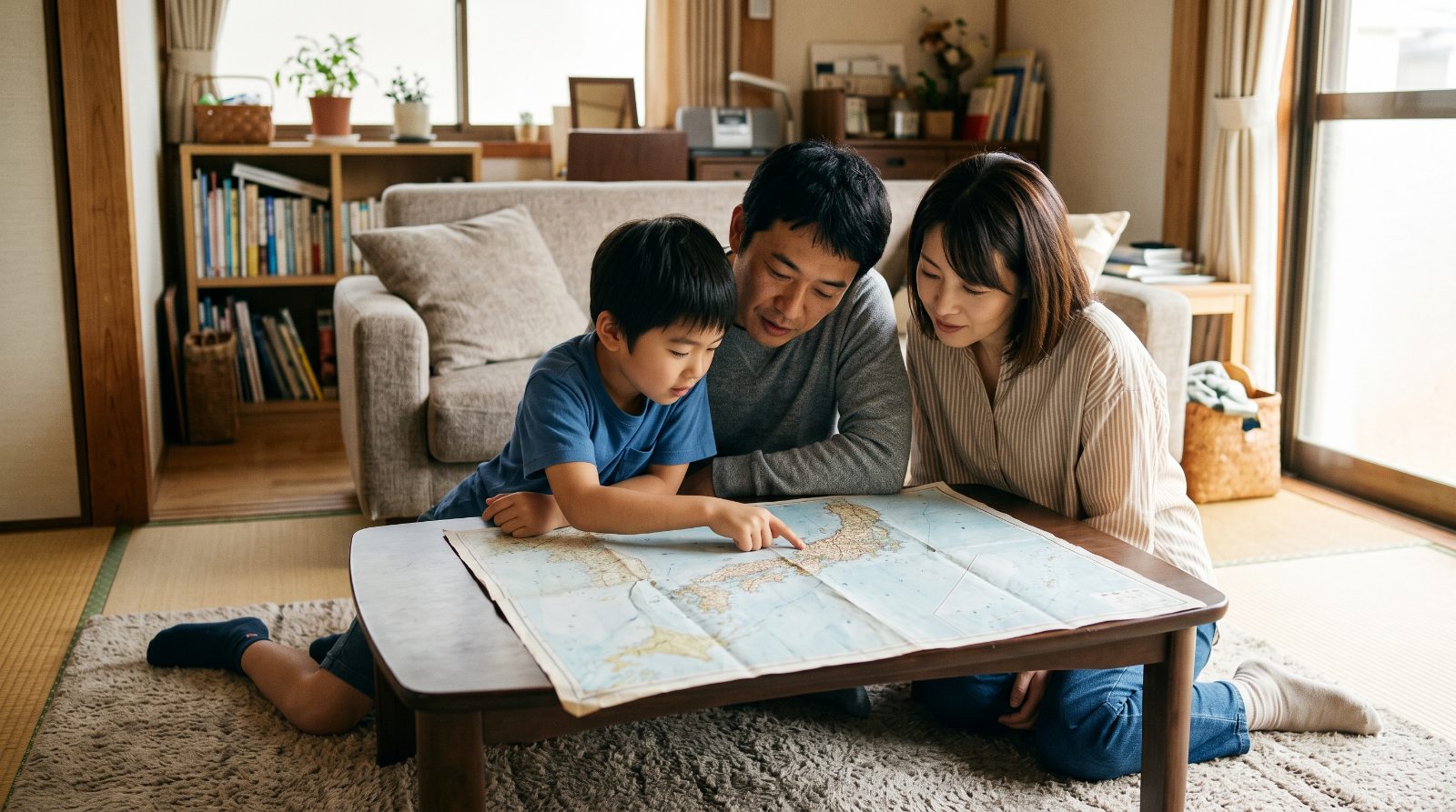 日本の住宅のリビングで、地図を広げながら家族で引っ越し先を話し合う親子