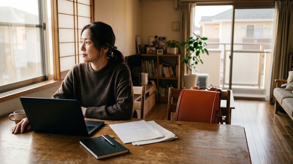 日本の家庭のリビングで、保護者が学校からの書類とノートパソコンを前に、就学の手続きを調べている静かな情景