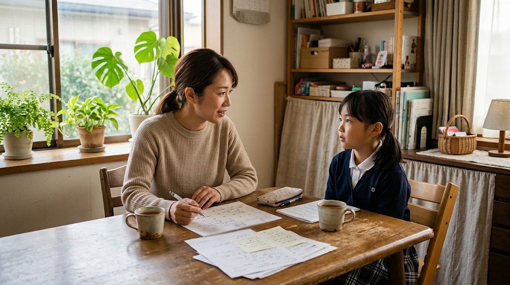 日本の家庭のダイニングで、保護者と小学生の子どもが向かい合い、書類とカレンダーを見ながら穏やかに話している情景