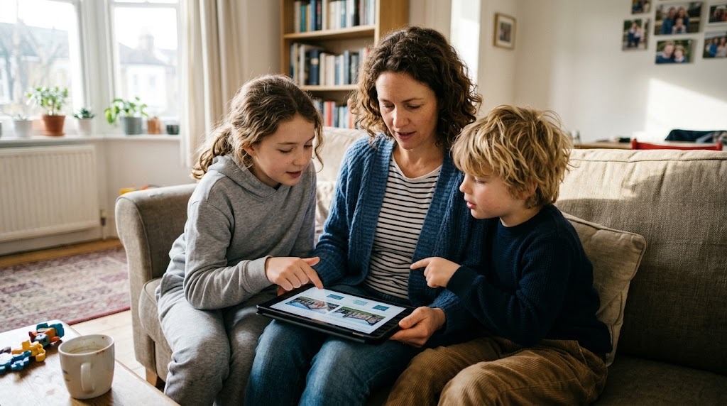 A mother on the sofa with her two children, looking at a tablet together while talking about school choices