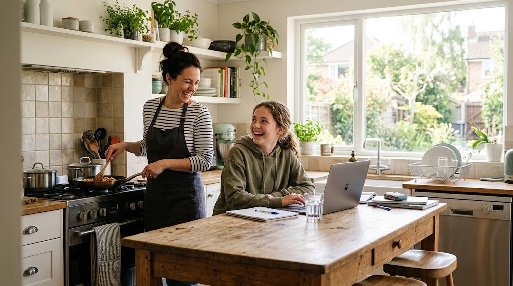 A teenage girl studying on a laptop at the kitchen island while her mother cooks nearby