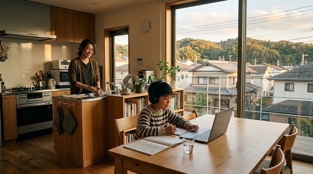 町田の自宅のダイニングで、子どもがノートパソコンでオンライン授業を受け、母親が近くで穏やかに見守る様子