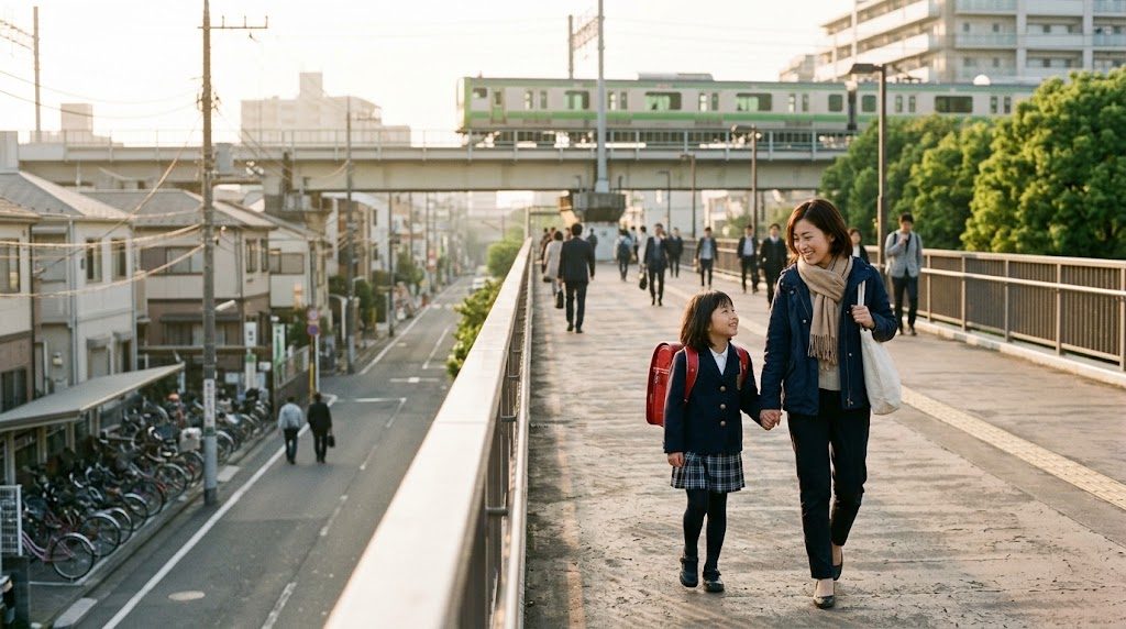 町田駅周辺の朝の街並みを背景に、通学かばんを背負った子どもと母親が手をつないで歩く様子