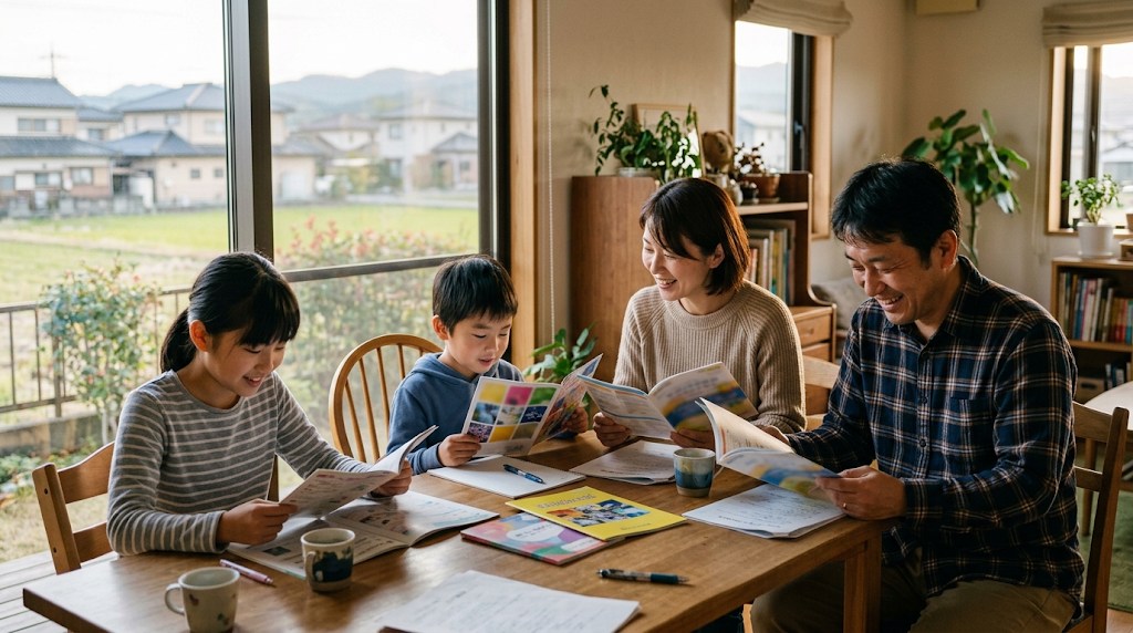 田園の見える明るい家のテーブルで、学校案内の冊子を一緒に読む両親と小学生の姉弟