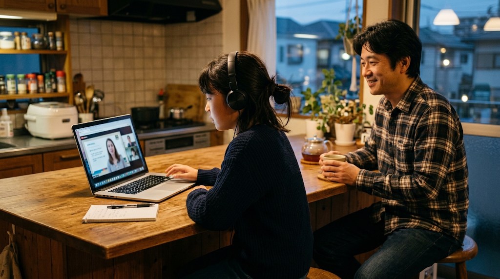 夜のキッチンカウンターで英語のオンライン授業を受ける中学生の娘と、隣でお茶を飲みながら見守る父親