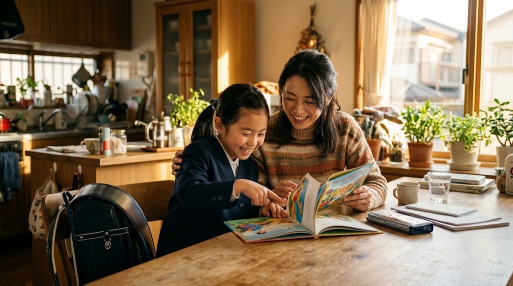 放課後のキッチンカウンターで母親と娘が一緒に英語の絵本を読んでいる様子