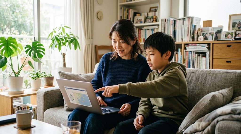 リビングのソファで母親と小学6年生くらいの息子がノートパソコンで学校情報を見比べている様子