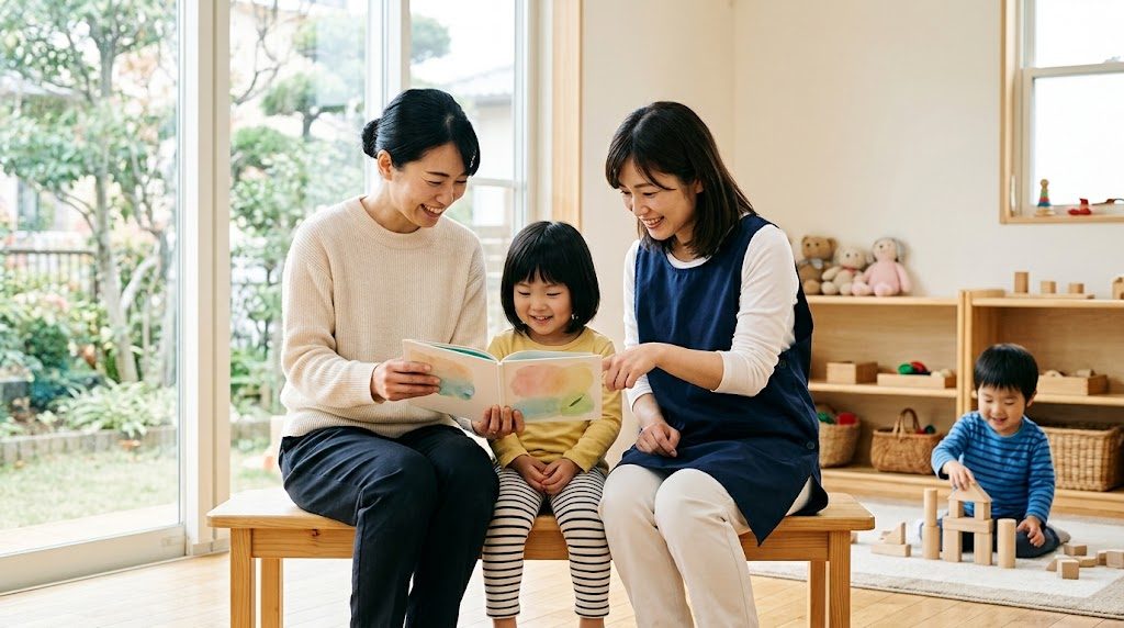 明るい保育室で、保育者と保護者が幼い子どもと一緒に絵本を開いて向き合っている様子