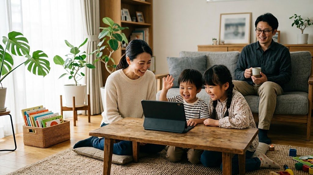 自宅のリビングで、保護者と幼い子どもが並んでタブレットの画面を見ながら一緒に英語のやりとりをしている様子