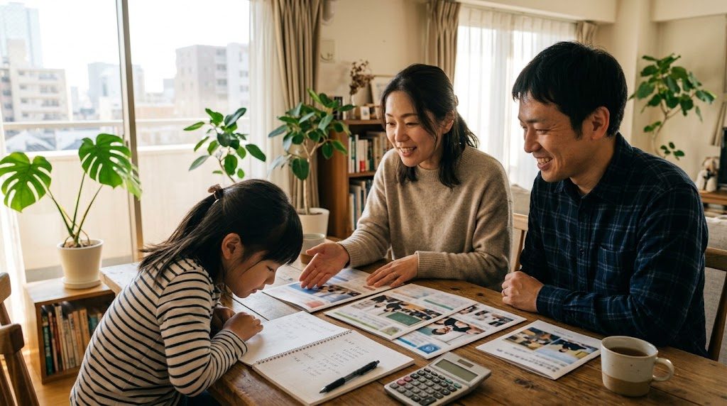 食卓で両親と子どもが学校の資料と費用のメモを広げて話し合っている様子