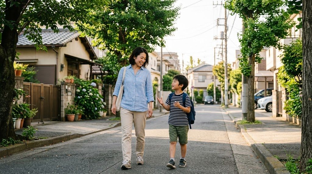 放課後の住宅街の歩道を、母親と子どもが話しながら並んで歩いている様子