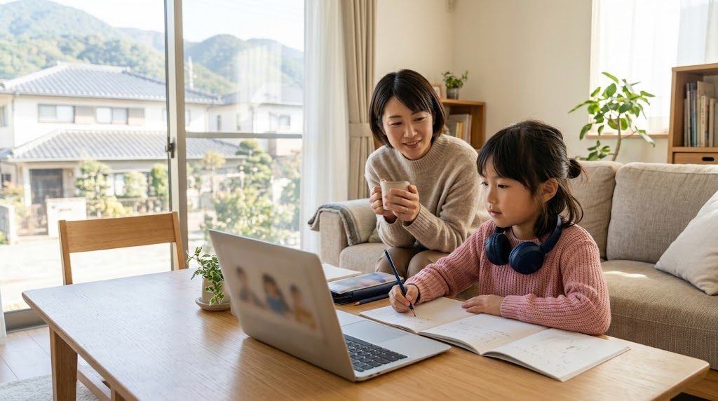 西宮の明るい自宅のリビングで、子どもがノートパソコンでオンライン授業を受け、そばで母親が穏やかに見守る様子