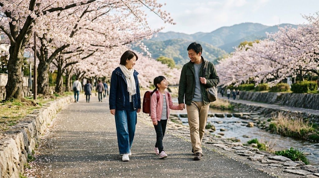 夙川沿いの桜並木の遊歩道を、通学かばんを背負った子どもと母親が手をつないで歩く朝の様子。背景に六甲の山並みが見える