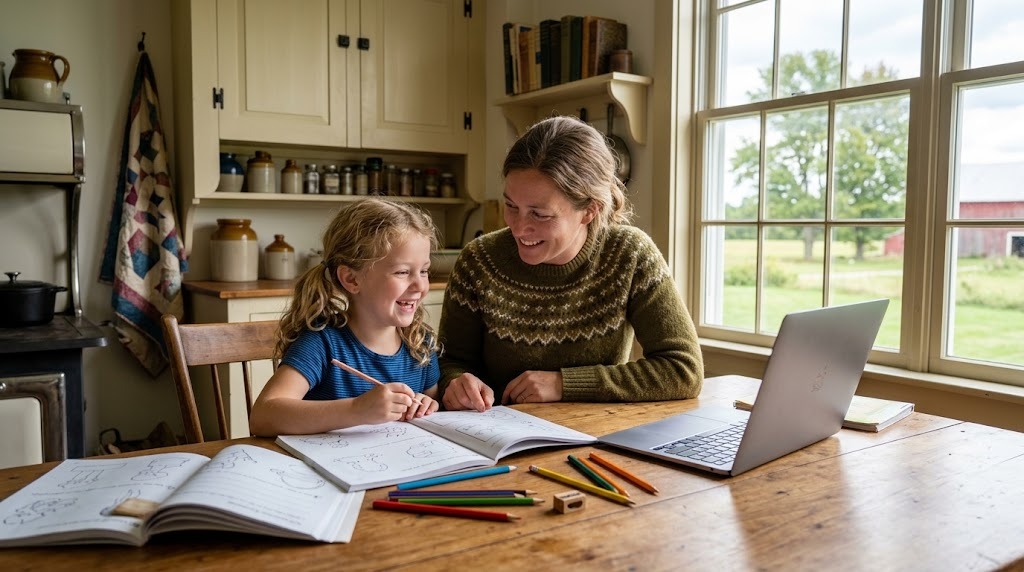 A mother and her young daughter working together with open workbooks, colored pencils and a laptop at a wooden kitchen table