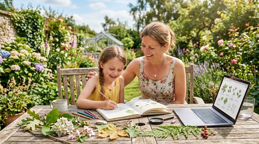 A mother and her daughter doing a nature study at a garden table with a notebook, leaves and a laptop