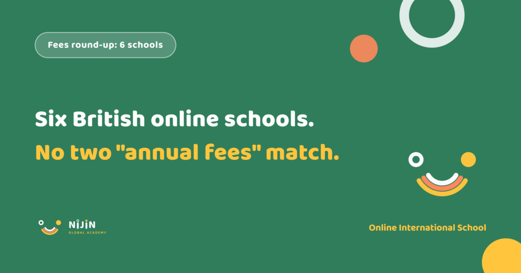 Key visual stating that no two of the six British online schools mean the same thing by an annual fee