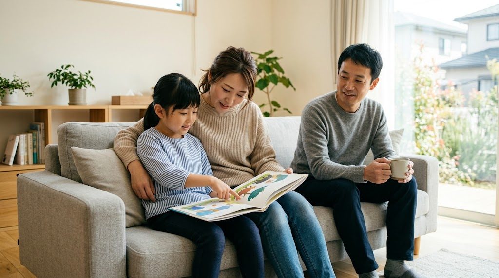 明るいリビングのソファで、保護者と一緒に日本語の本を開いて読んでいる小学生くらいの子ども