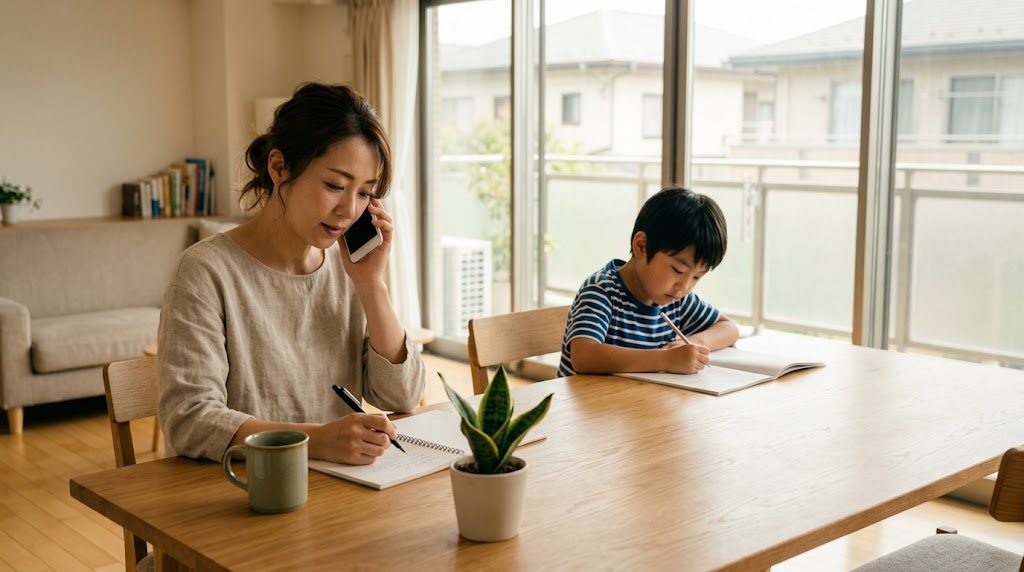 明るいリビングで、保護者がメモを取りながら電話で問い合わせをしている隣で、子どもが机に向かって学んでいる様子