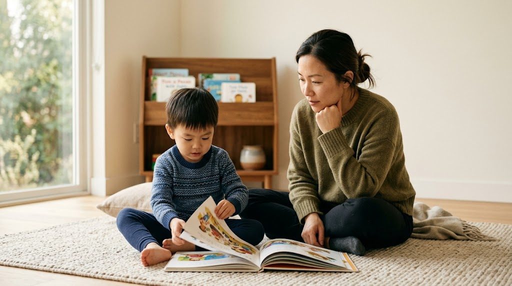リビングの床に座り、絵本を広げた子どものそばで、様子を見守りながら考えている保護者