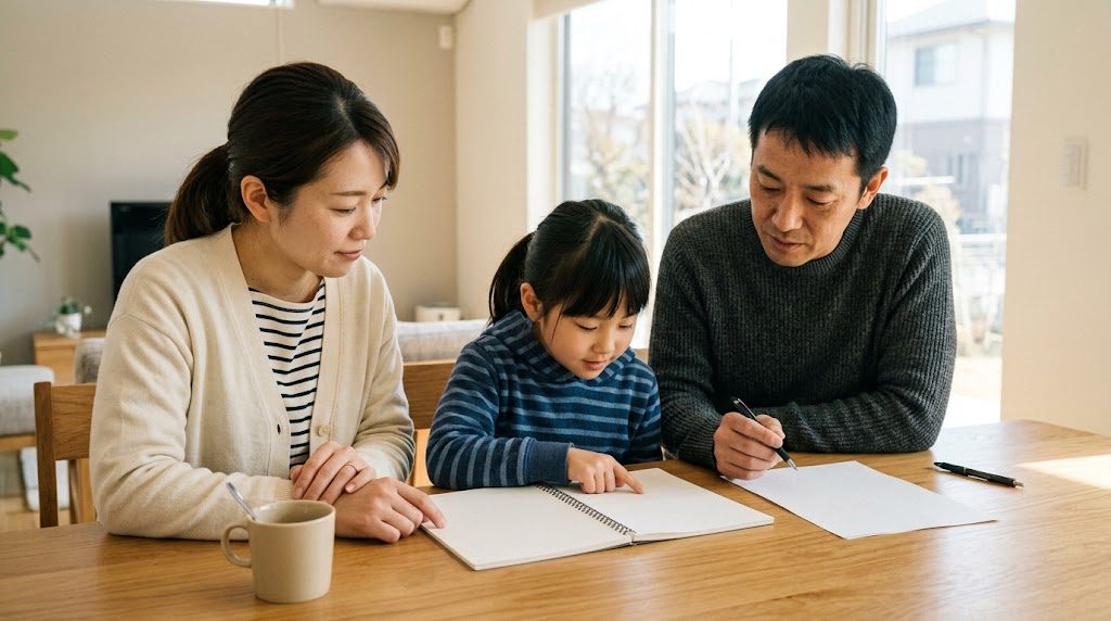 明るいダイニングテーブルで書類を広げ、子どもの就学手続きについて話し合っている保護者ふたりと小学生くらいの子ども