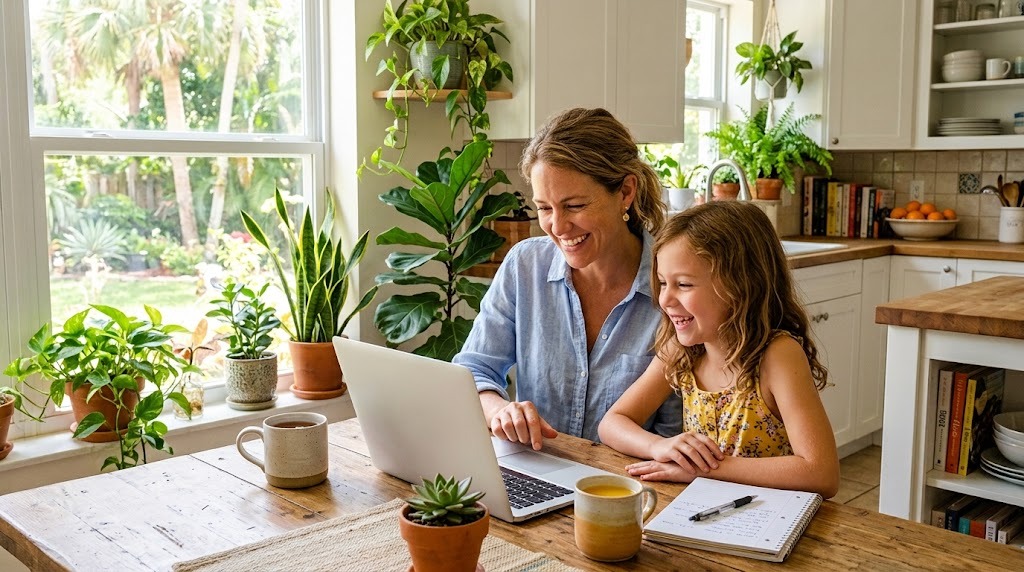 A mother and her young daughter at a sunny kitchen table surrounded by plants, looking at a laptop together and smiling