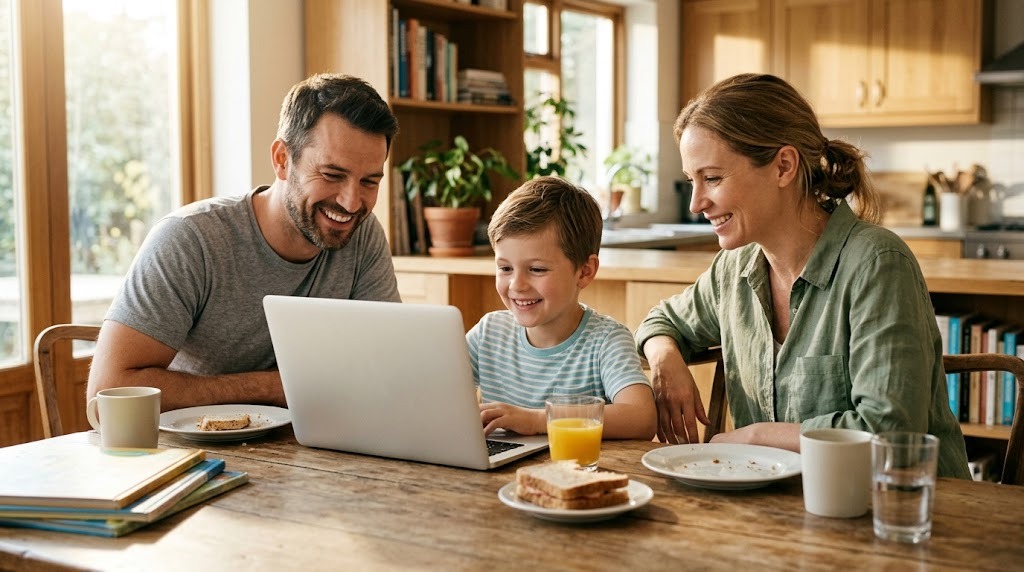 A mother, father and young son at a dining table; the boy takes a live online lesson on a laptop with his parents beside him