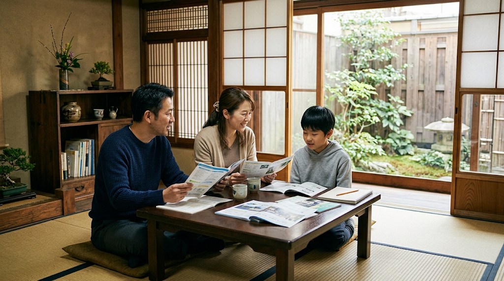 京都の町家風の和室で、座卓に学校案内を広げて話し合う日本人の両親と小学生の息子