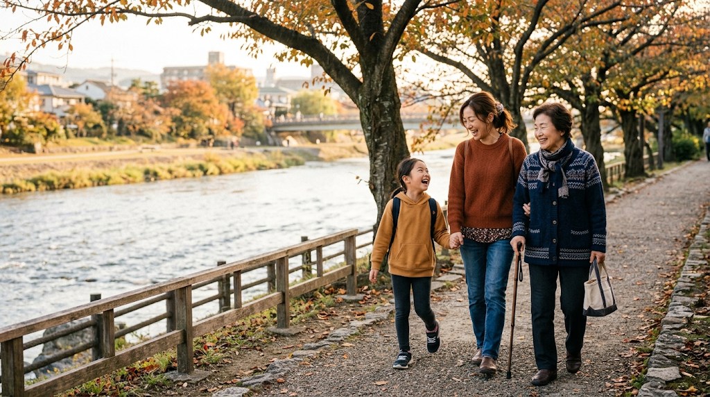 夕方の川沿いの道を話しながら歩く祖母と母親と小学生の娘