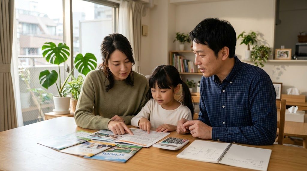 東京の住宅の食卓で、両親と娘がインターナショナルスクールの資料と費用のメモを囲んで話し合っている様子