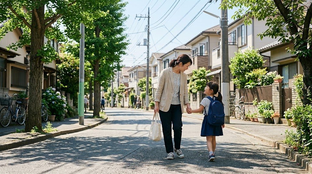 東京の住宅街の明るい通学路を、母親と娘が手をつないで話しながら歩いている後ろ姿