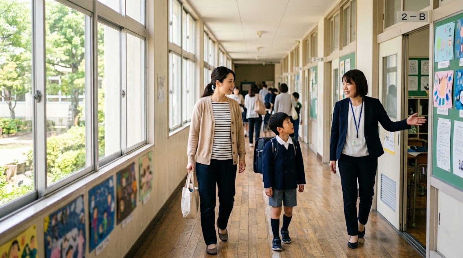 学校見学で、明るい校舎の廊下を案内する先生と並んで歩く保護者と子ども