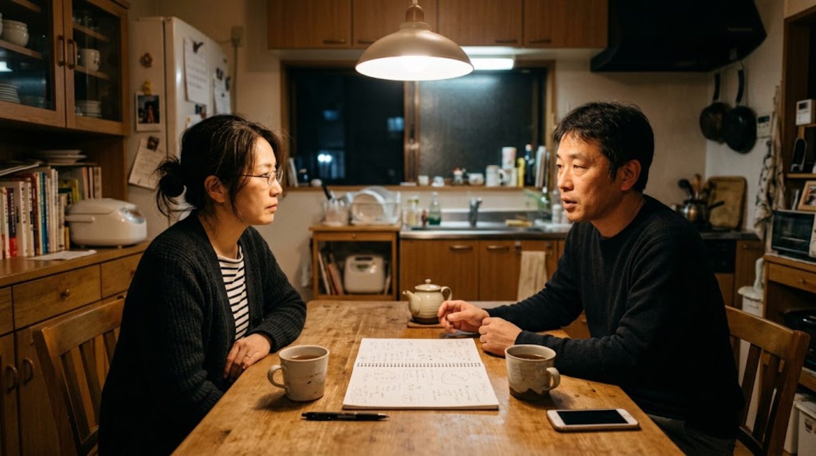 見学から帰った夜、書き留めたメモを広げて子どもの学校選びについて静かに話し合う保護者ふたり