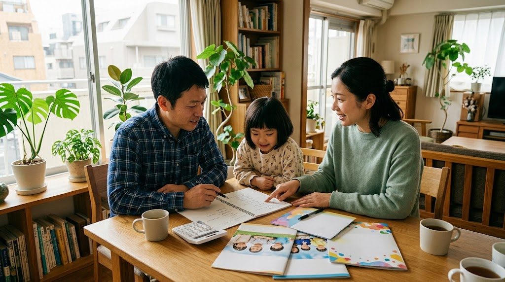 東京の住宅の食卓で、両親と娘が学校案内の資料と電卓を広げて費用について話し合っている様子