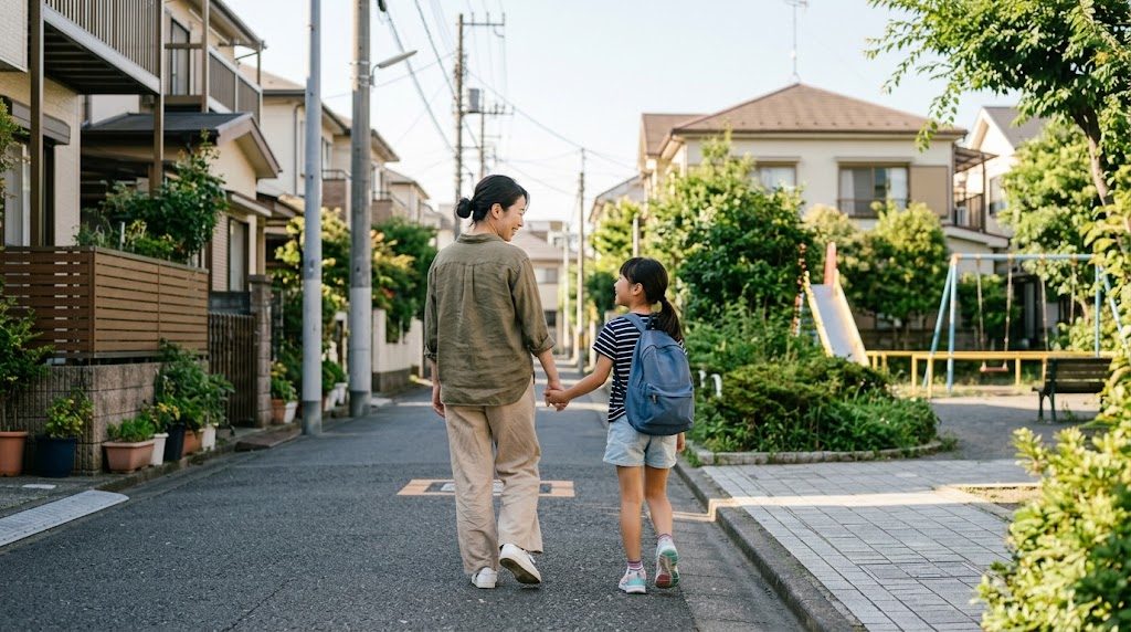東京の住宅街の明るい通学路を、母親と娘が手をつないで話しながら歩いている後ろ姿