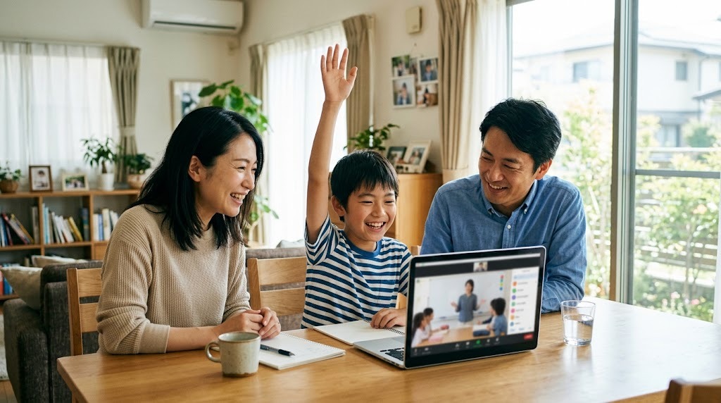 明るいリビングで家族3人がノートパソコンを囲み、オンラインの英語の授業を受ける息子が手を挙げている様子