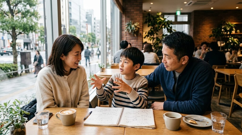 明るいカフェの窓際で、両親に自分の考えを話す小学6年生くらいの息子