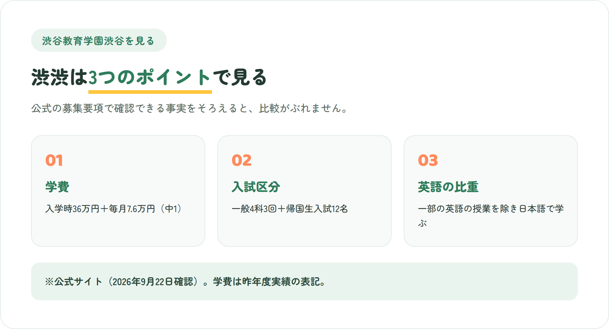 渋谷教育学園渋谷を見る3つのポイント(学費・入試・英語の比重)を整理した図解
