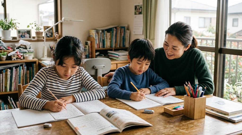 明るい自宅の学習スペースで、母親に見守られながら一緒に勉強するきょうだい