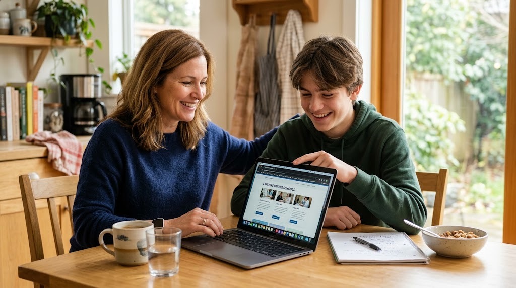 A mother and her teenage son smiling at a laptop together at a bright kitchen table while comparing online school options