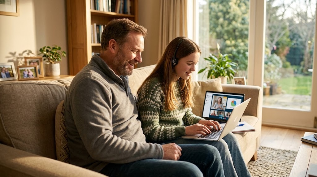 A father and his teenage daughter on a living room sofa; she joins a live online class on a laptop while he smiles beside her