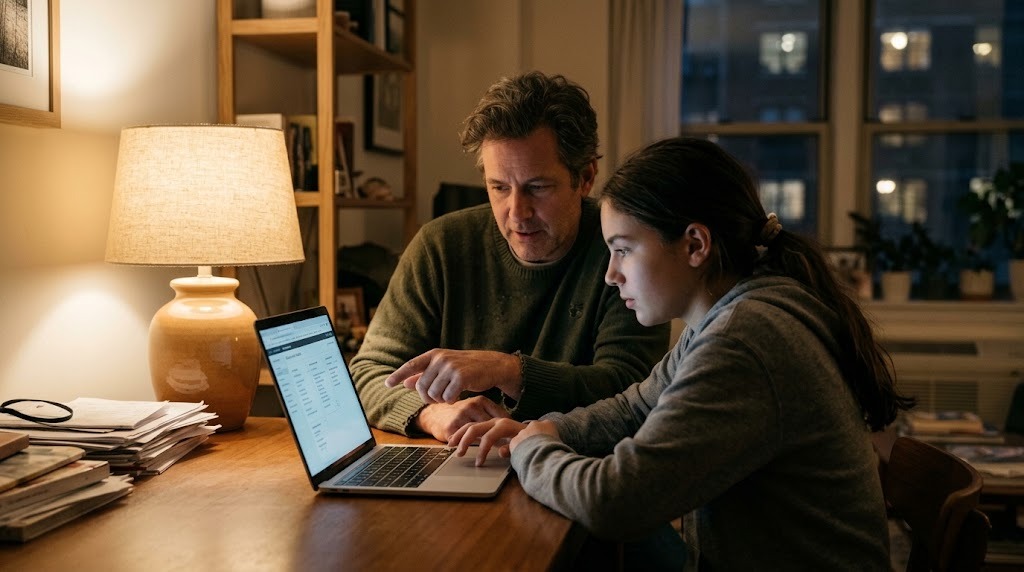 A father and his teenage daughter reviewing an online high school course list on a laptop at the dining table in the evening