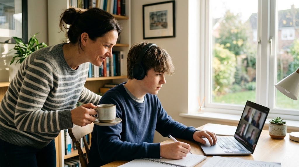 A teenage boy in a live video seminar on a laptop at his desk as his mother brings him a cup of tea