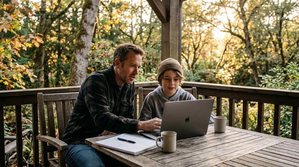 A father and his son comparing online school options on a laptop at an outdoor table on a porch