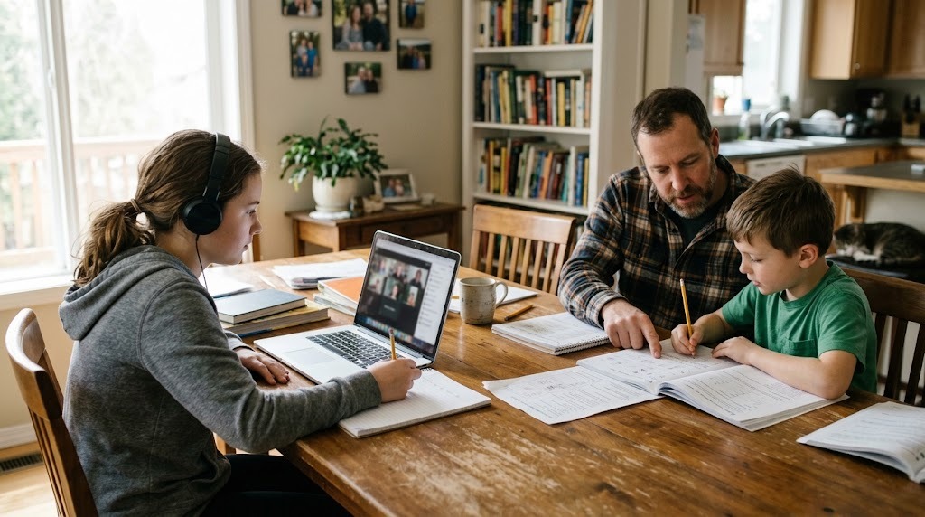 A teenage girl in a live online class on a laptop at the family table while her father and younger brother do homework
