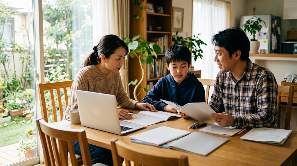 庭の見える明るいダイニングで、学校案内とノートパソコンを広げて話し合う日本人の両親と小学生の息子