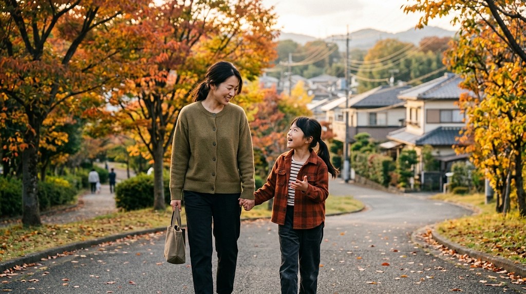 紅葉した郊外の坂道を手をつないで歩きながら話す母親と小学生の娘