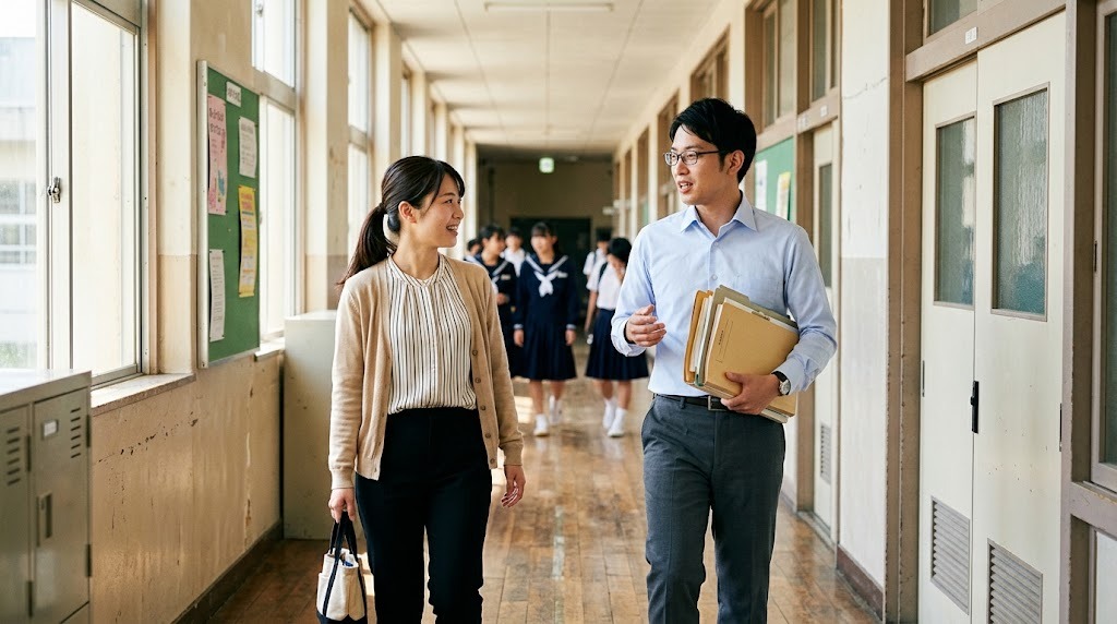 書類を抱えて校舎の廊下を歩きながら話す2人の教員